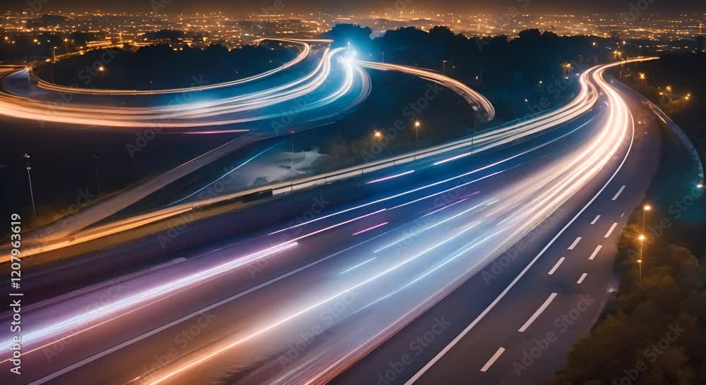 Poster light trails are speeding across a highway at night with glowing dots on the side creating a futuris