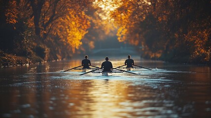 Rowers paddling on a serene river surrounded by autumn trees
