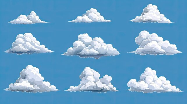 A collection of cartoon-style clouds against a blue sky, suitable for graphic design and illustration.