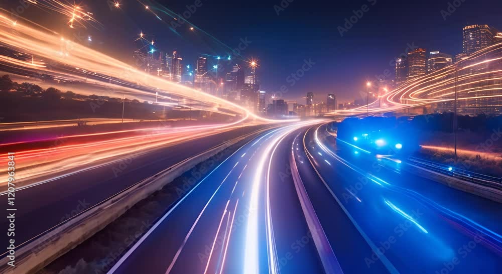 Aufkleber light trails are speeding across a highway at night with glowing dots on the side creating a futuris