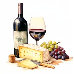 Wine And Cheese clipart. Watercolor illustration. Hand-Painted Digital Artwork
