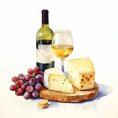 Wine And Cheese clipart. Watercolor illustration. Illustrative Clipart Collection illustration