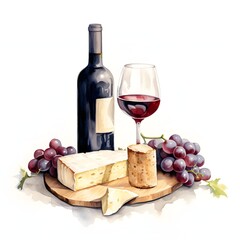 Wine And Cheese clipart. Creative Generative Watercolor illustration. Detailed illustration