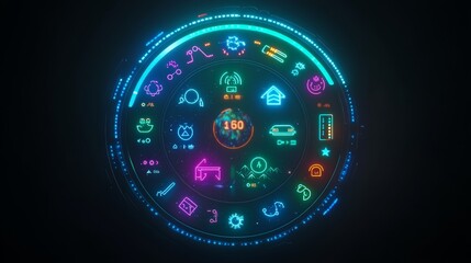Fototapeta premium Neon Circular Interface with Icons and Data Display