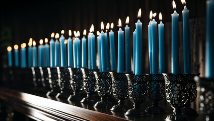 Many lit blue candles in ornate black candle holders create a spiritual atmosphere
