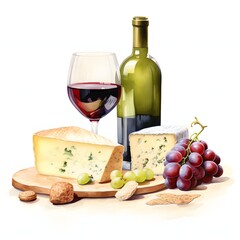 Wine And Cheese clipart. Watercolor illustration. Watercolor-Style Digital Design illustration