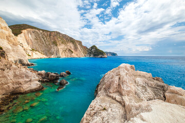 View of the limestone cliffs on the island of Zakynthos, a great swimming spot along the beautiful turquoise Ionian Sea