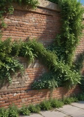 Brick wall with brown mortar and overgrown vegetation, mortar, brick