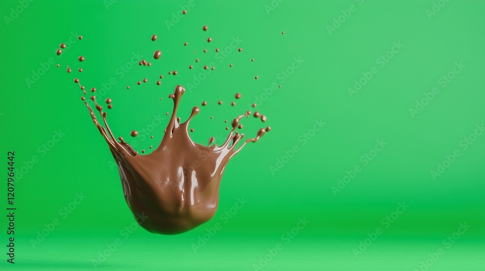 Poster chocolate splash against vibrant green background creating dynamic and energetic movement with abstr