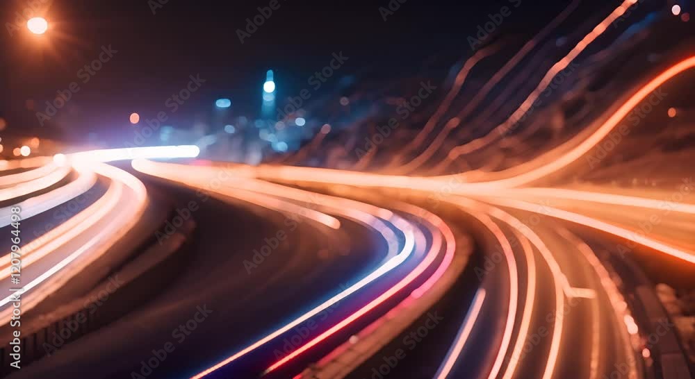 Aufkleber light trails are speeding across a highway at night with glowing dots on the side creating a futuris