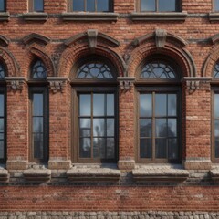 Brick wall with multiple windows and ornate details, decorative, stone carvings