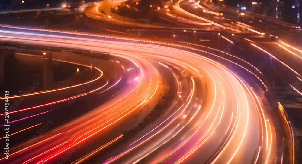 Aufkleber light trails are speeding across a highway at night with glowing dots on the side creating a futuris