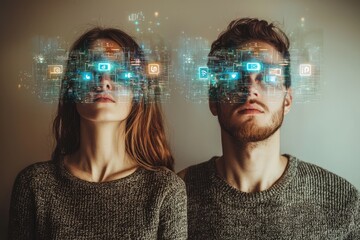 Couple engaged with digital interface while using closed eyes in modern setting