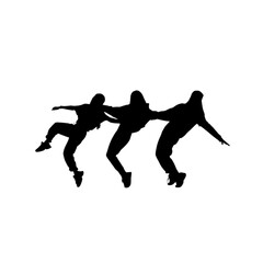 Silhouette of three dancers in a synchronized hip-hop pose. Perfect for urban dance, street style, or modern artistic projects.