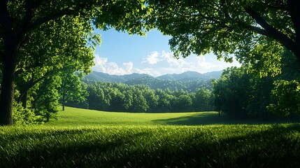 Obraz premium Lush Green Landscape with Trees and Mountains Under Blue Sky