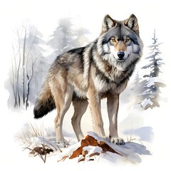 Fototapeta premium Wolf in Winter clipart. Isolated Watercolor Element illustration. Detailed illustration