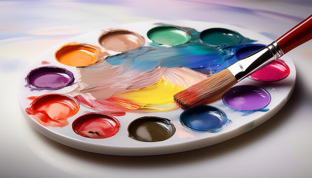 an artist s palette with vibrant paints and a brush in mid stroke
