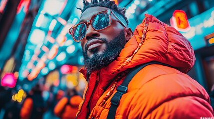 Stylischer Mann in leuchtend roter Winterjacke mit Sonnenbrille in einer neonbeleuchteten Großstadt bei Nacht  
