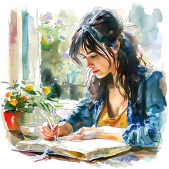 Woman Writing clipart. Watercolor illustration. Detailed illustration