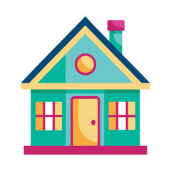 Clipart house illustration with roof and chimney. Colorful flat design house clipart. Modern cartoon-style house with arched door. Vibrant house clipart for web and print.