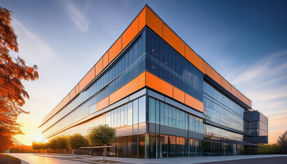 Obraz premium modern commercial building with large glass windows and orange accents