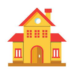 Clipart house illustration with roof and chimney. Colorful flat design house clipart. Modern cartoon-style house with arched door. Vibrant house clipart for web and print.