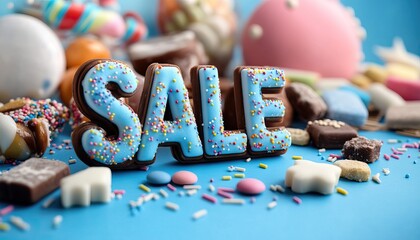 Colorful treats and the word "SALE" featured prominently on a bright blue background.