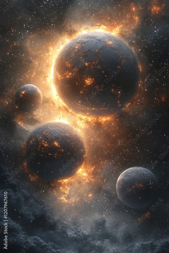 Poster cosmic explosion of planets outer space digital art nebula environment wide angle view celestial phe