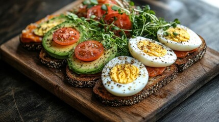 rustic wooden board with artisanal openfaced sandwiches fresh microgreens sliced avocado and softboiled eggs arranged with natural lighting