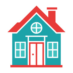 Clean and colorful flat house illustration for digital use. Cartoon clipart style house icon with windows and chimney.  Simple cozy home illustration with chimney and symmetrical details.