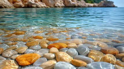 Pebbles in shallows, rocky coast background, clear water, summer beach scene