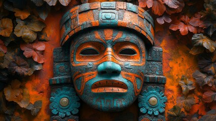 Mayan mask showcasing vibrant geometric patterns surrounded by colorful foliage