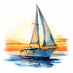 Fototapeta premium Yacht in Sunset clipart. Watercolor illustration. Illustrative Clipart Collection illustration