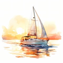 Yacht in Sunset clipart. Watercolor illustration. Detailed Artistic Graphic illustration