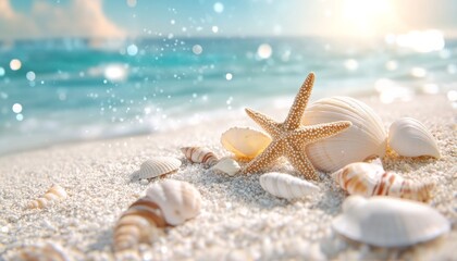 Seashells on the ocean shore. Generative AI