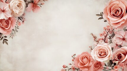 Delicate Peach Roses and Blossoms Frame a Blank Space