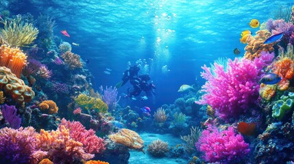 Fototapeta premium Vibrant Underwater Coral Reef Scene with Divers