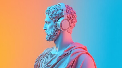 Classical statue wearing headphones, blending art and modern music