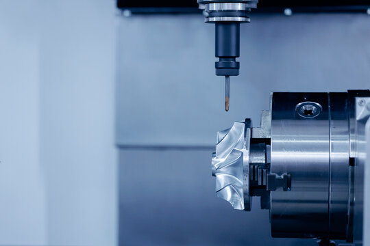 Producing turbine wheel and blades part with CNC drill machine five axis lathe. Concept modern technology for industry banner