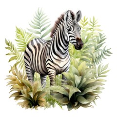 Zebra in Plants clipart. Digital Watercolor Clipart. Detailed illustration