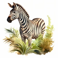 Zebra in Plants clipart. Isolated Watercolor Element illustration. Detailed illustration