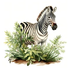Zebra in Plants clipart. Watercolor illustration. Detailed Artistic Graphic illustration