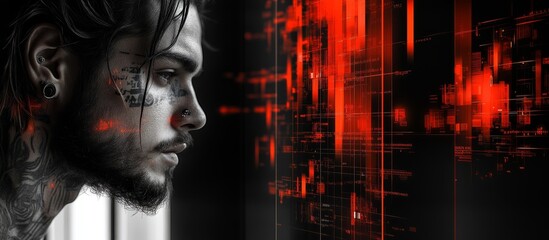 Minimal high-tech tattoo design features a man with intricate tattoos and a digital backdrop