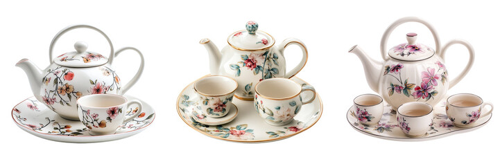Fototapeta premium A Set of Beautiful Ceramic Tea Sets with Floral Designs Isolated on Transparent Background