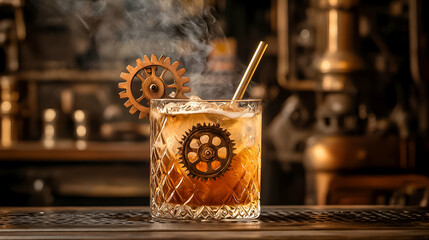 Unique cocktail served in a vintage glass with gear decoration in a steampunk-themed bar setting