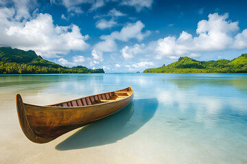 Fototapeta premium Serene tropical lagoon with a wooden canoe on calm waters under a bright blue sky