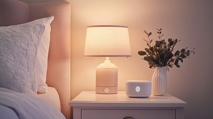 A baby monitor placed on a sleek white nightstand next to a soft lamp