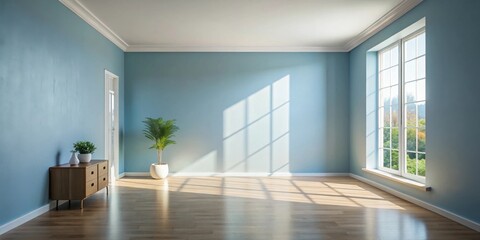 Obraz premium Sunlight streams into a serene, empty room with light blue walls, hardwood floors, and a minimalist wooden dresser