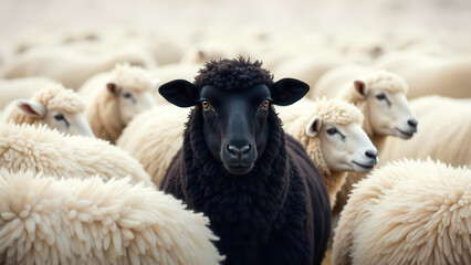 Fototapeta premium Black sheep surrounded by white flock in pastoral setting animal photography rural landscape close-up view