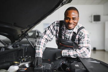 Auto mechanic performing a routine service inspection in a service garage